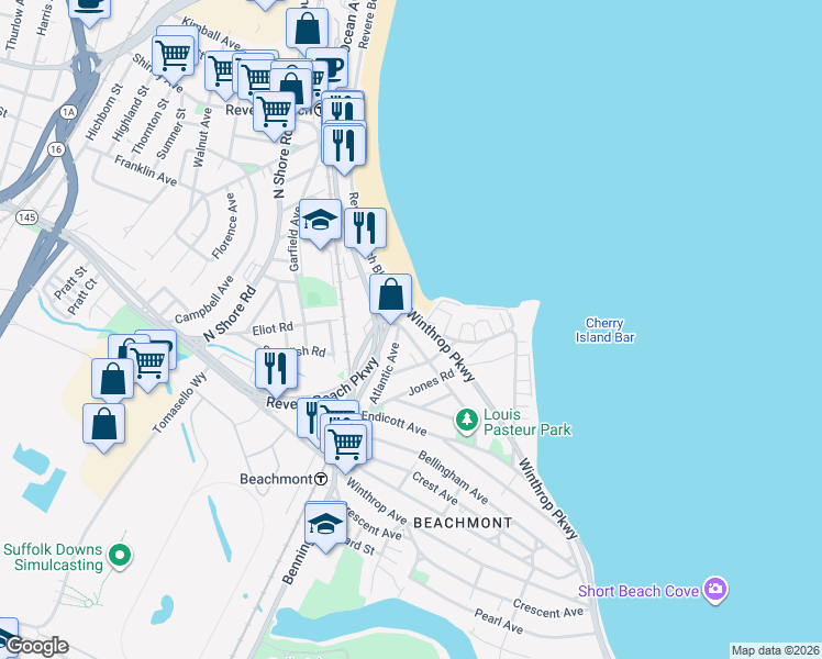 map of restaurants, bars, coffee shops, grocery stores, and more near 1 Winthrop Parkway in Revere