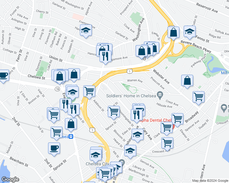 map of restaurants, bars, coffee shops, grocery stores, and more near 146 Franklin Avenue in Chelsea