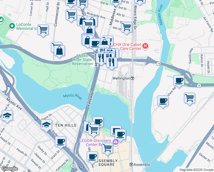 map of restaurants, bars, coffee shops, grocery stores, and more near 80 Station Landing in Medford