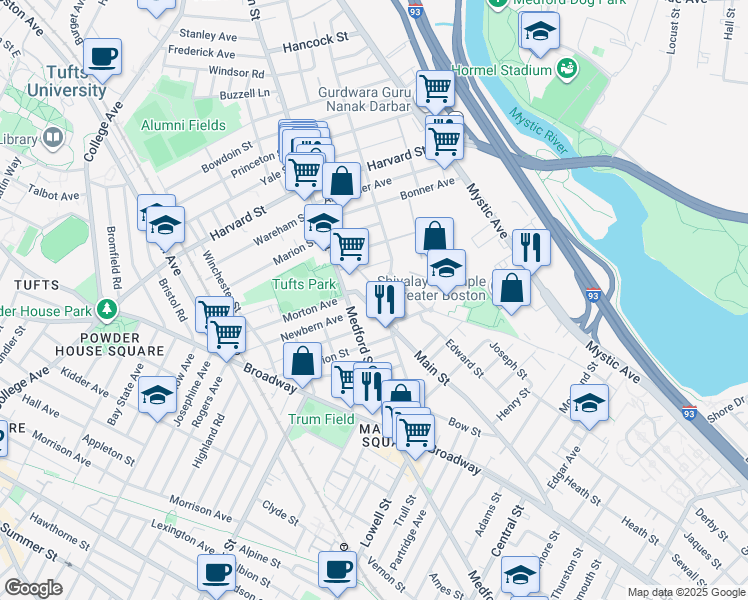 map of restaurants, bars, coffee shops, grocery stores, and more near 19 Ellis Avenue in Medford