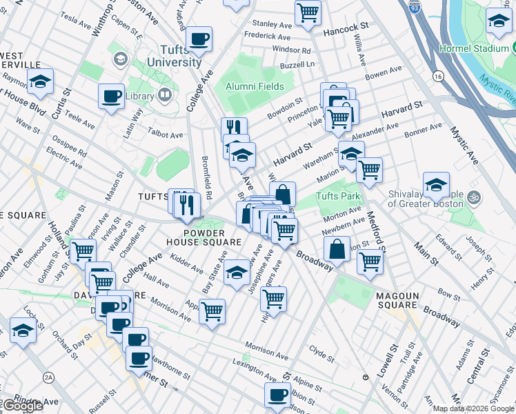 map of restaurants, bars, coffee shops, grocery stores, and more near 601 Boston Avenue in Medford
