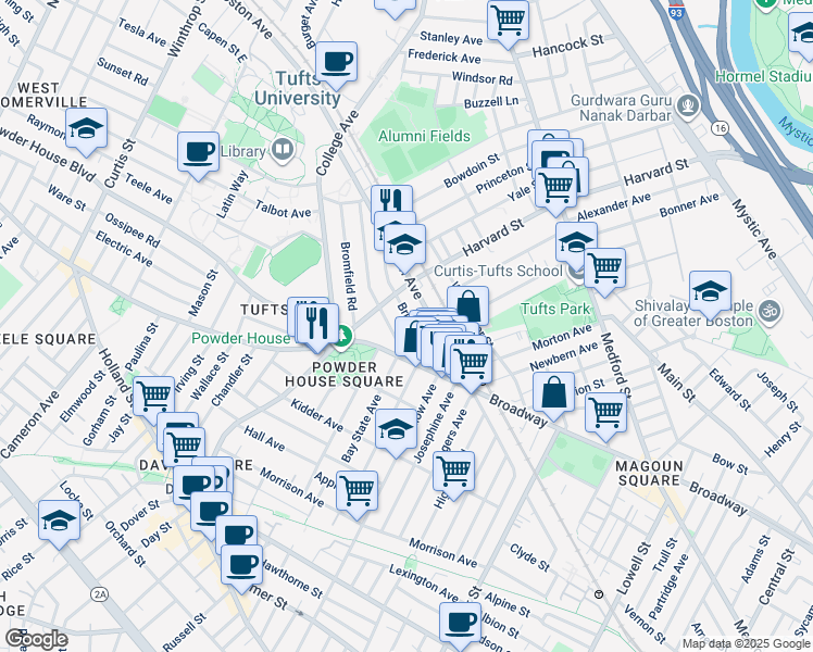 map of restaurants, bars, coffee shops, grocery stores, and more near 601 Boston Avenue in Medford