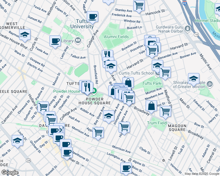 map of restaurants, bars, coffee shops, grocery stores, and more near 601 Boston Avenue in Medford