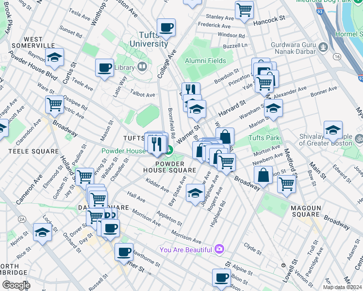 map of restaurants, bars, coffee shops, grocery stores, and more near 37 Warner Street in Somerville