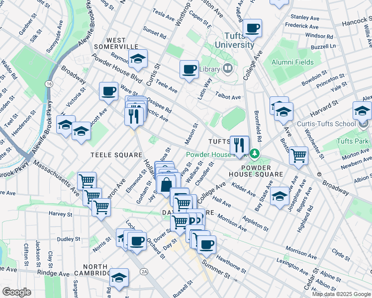 map of restaurants, bars, coffee shops, grocery stores, and more near 2 Whitman Street in Somerville
