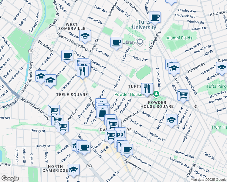 map of restaurants, bars, coffee shops, grocery stores, and more near 2 Whitman Street in Somerville