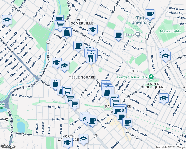 map of restaurants, bars, coffee shops, grocery stores, and more near 12 Moore Street in Somerville