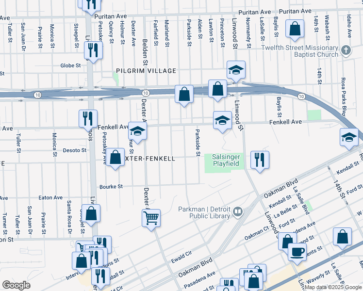 map of restaurants, bars, coffee shops, grocery stores, and more near 15086 Muirland Street in Detroit