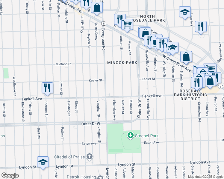 map of restaurants, bars, coffee shops, grocery stores, and more near 15391 Plainview Avenue in Detroit