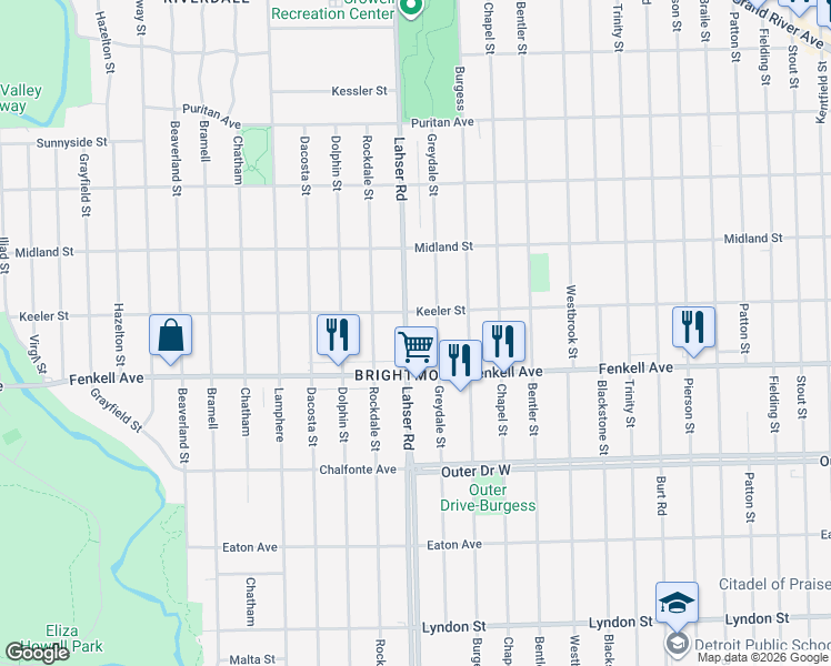 map of restaurants, bars, coffee shops, grocery stores, and more near 15373 Greydale Street in Detroit