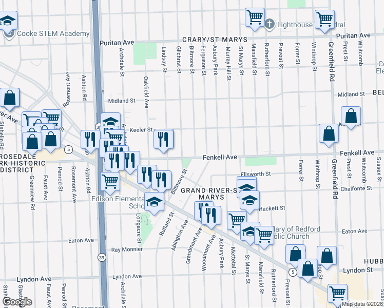 map of restaurants, bars, coffee shops, grocery stores, and more near 15336 Gilchrist Street in Detroit