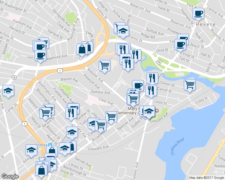 map of restaurants, bars, coffee shops, grocery stores, and more near Webster Avenue in Chelsea