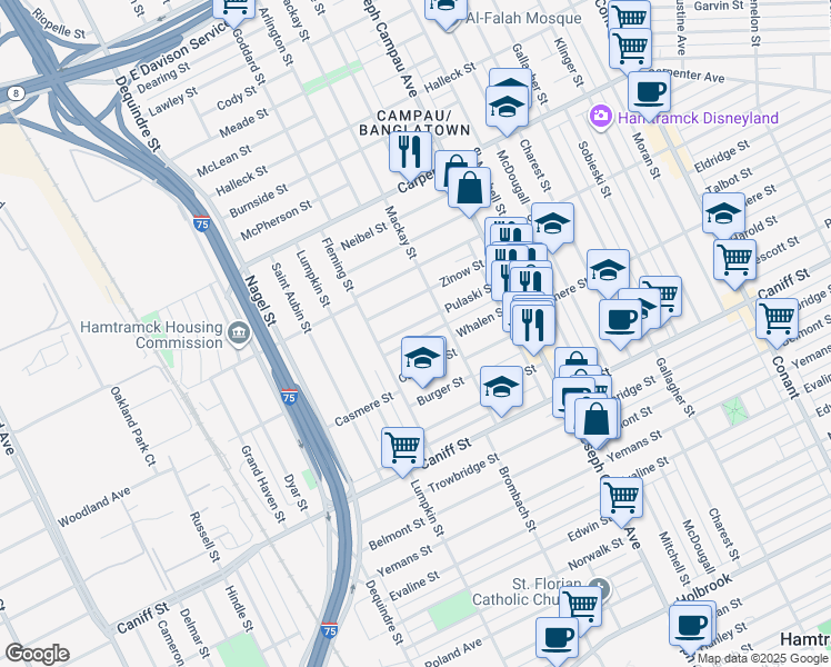 map of restaurants, bars, coffee shops, grocery stores, and more near 2395 Pulaski Street in Hamtramck