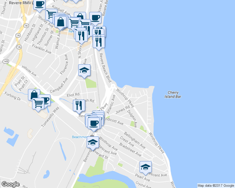 map of restaurants, bars, coffee shops, grocery stores, and more near 1 Winthrop Parkway in Revere
