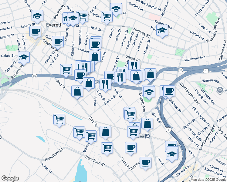 map of restaurants, bars, coffee shops, grocery stores, and more near 1744 Massachusetts 16 in Everett