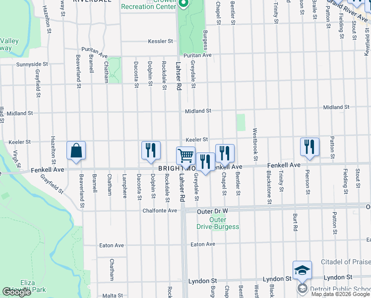 map of restaurants, bars, coffee shops, grocery stores, and more near 15373 Greydale Street in Detroit