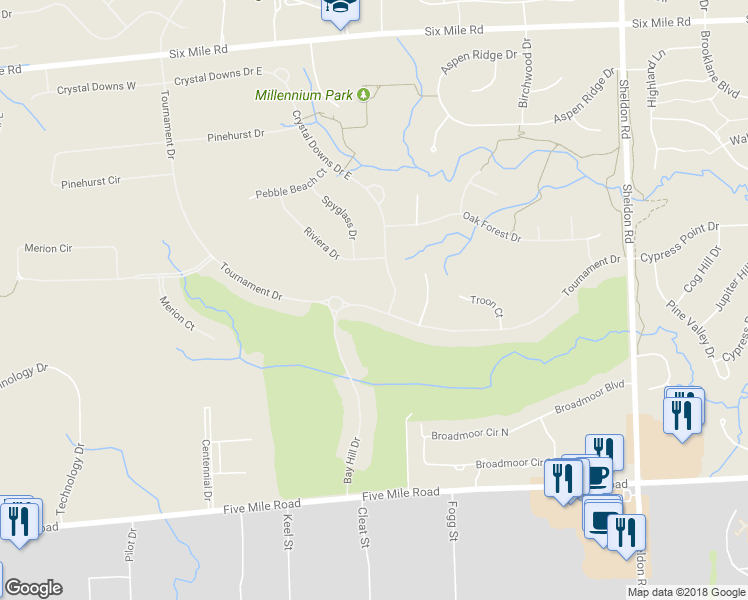 map of restaurants, bars, coffee shops, grocery stores, and more near 45752 Tournament Drive in Northville