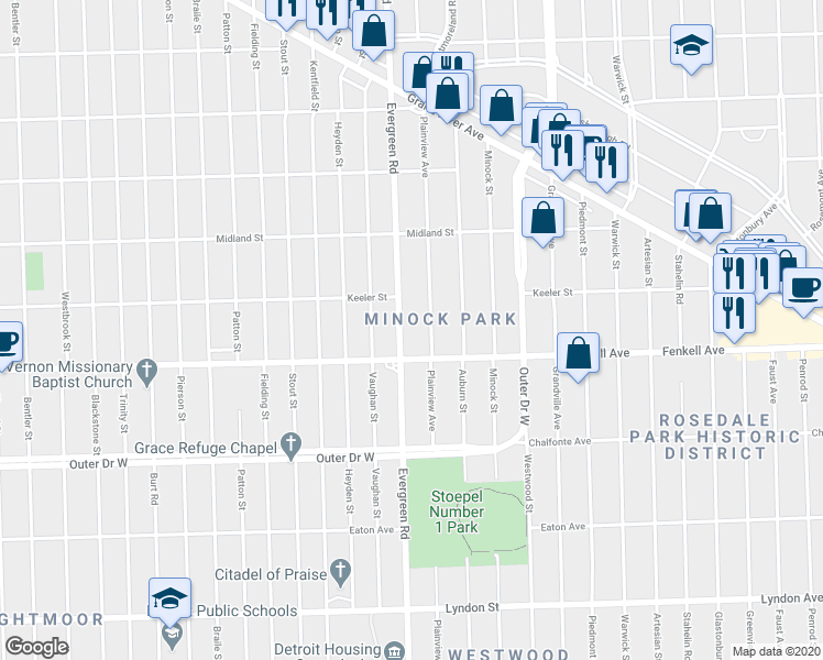 map of restaurants, bars, coffee shops, grocery stores, and more near 15336 Evergreen Road in Detroit