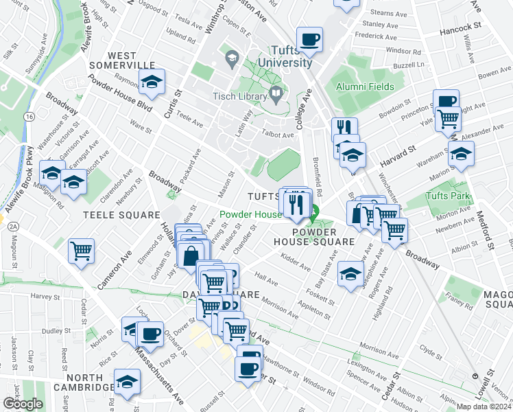 map of restaurants, bars, coffee shops, grocery stores, and more near 56 Walker Street in Somerville