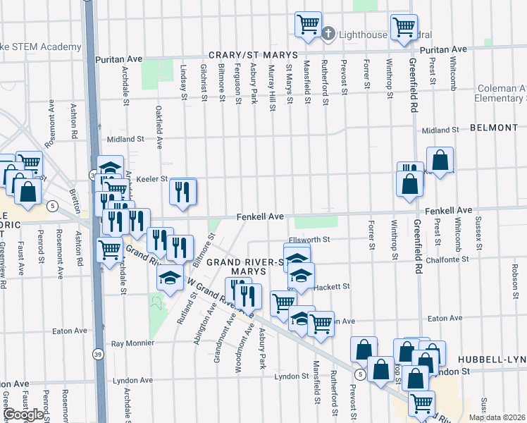 map of restaurants, bars, coffee shops, grocery stores, and more near in Detroit