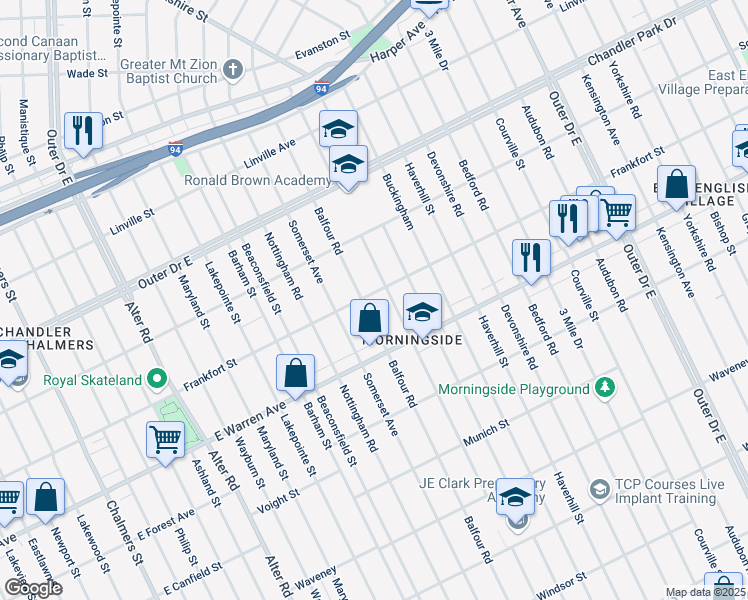 map of restaurants, bars, coffee shops, grocery stores, and more near 5114 Balfour Road in Detroit