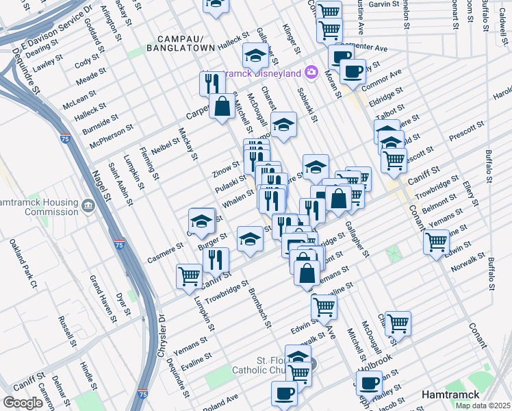 map of restaurants, bars, coffee shops, grocery stores, and more near 2682 Whalen Street in Hamtramck