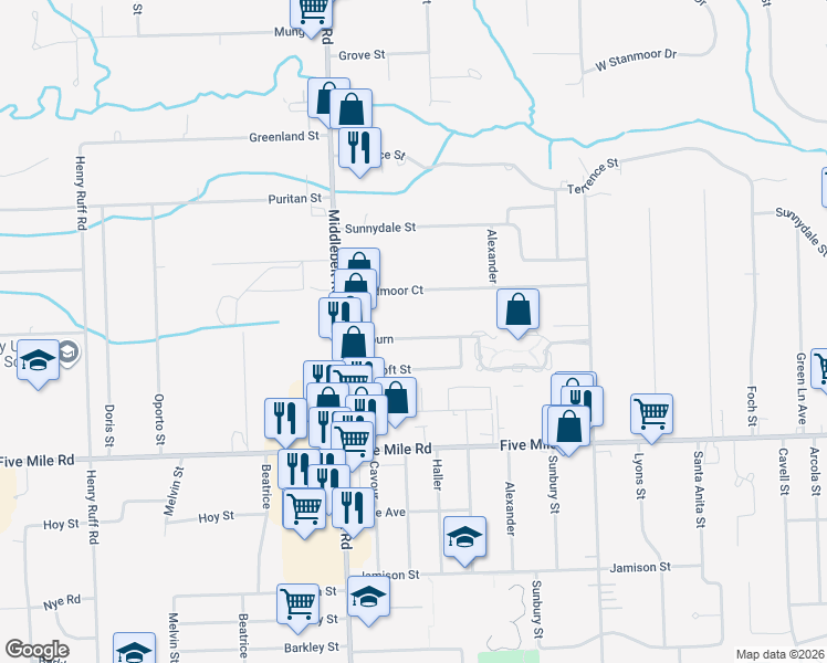 map of restaurants, bars, coffee shops, grocery stores, and more near 29054 Rayburn in Livonia