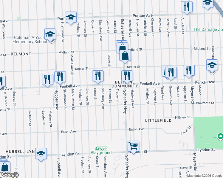 map of restaurants, bars, coffee shops, grocery stores, and more near 15120 Lesure Street in Detroit