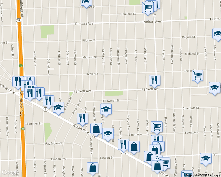 map of restaurants, bars, coffee shops, grocery stores, and more near 15307 Mansfield Street in Detroit