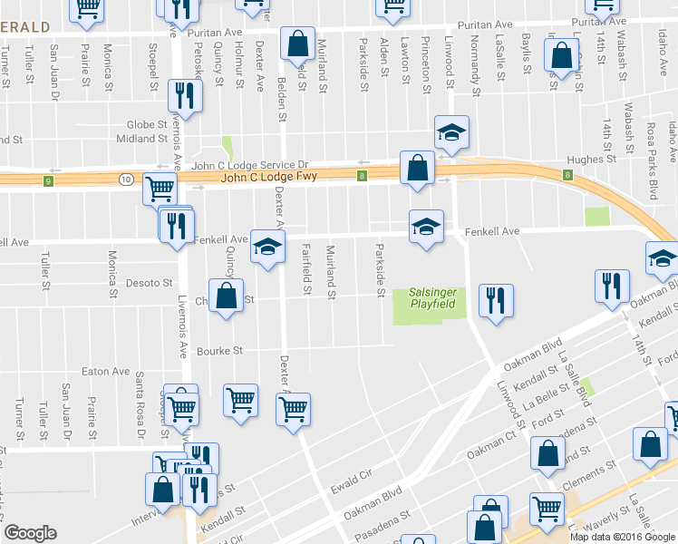 map of restaurants, bars, coffee shops, grocery stores, and more near 15056 Muirland St in Detroit