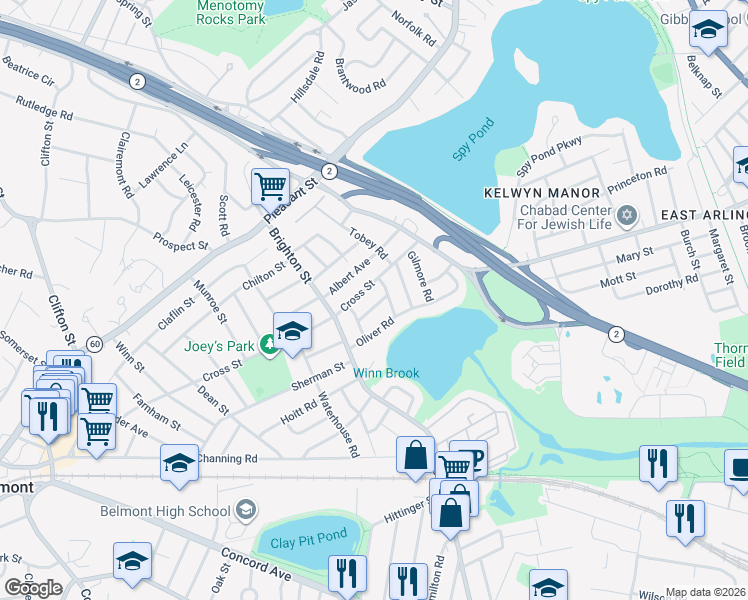 map of restaurants, bars, coffee shops, grocery stores, and more near 303 Cross Street in Belmont