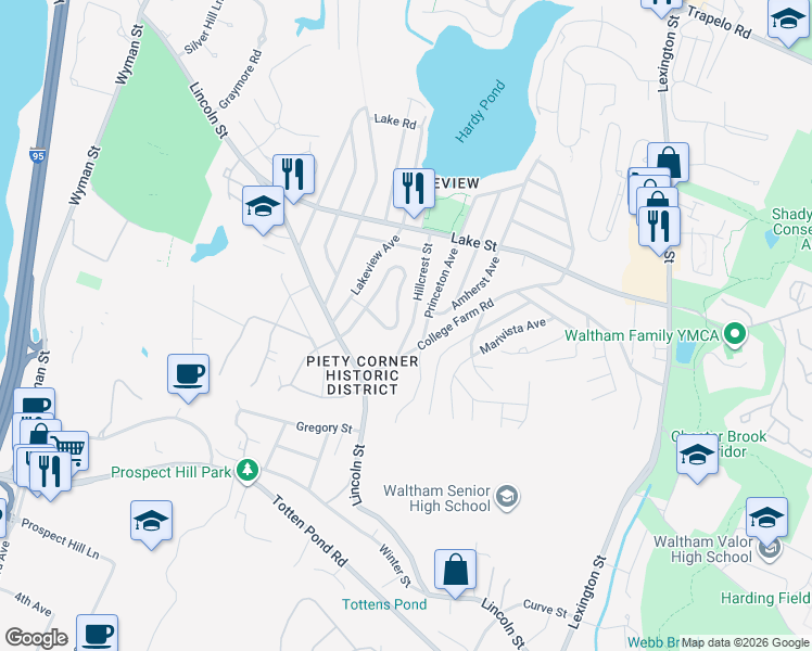 map of restaurants, bars, coffee shops, grocery stores, and more near 182 Hillcrest Street in Waltham