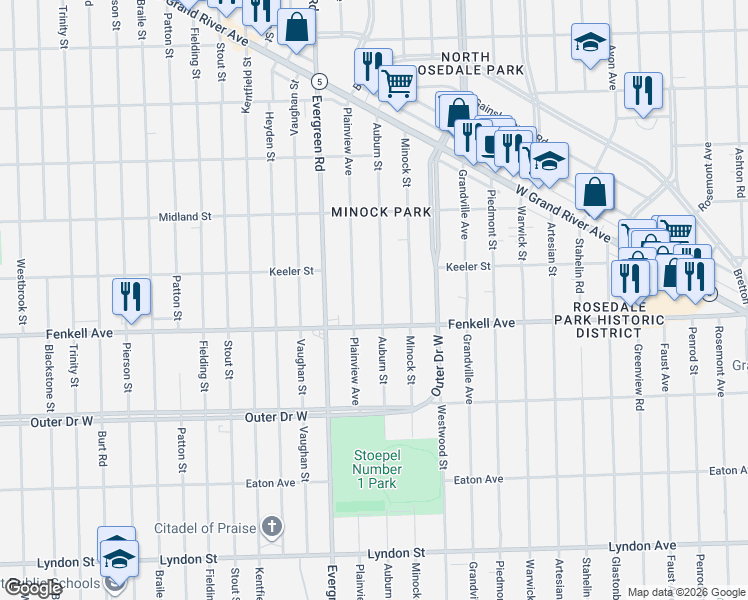 map of restaurants, bars, coffee shops, grocery stores, and more near 15389 Auburn Street in Detroit
