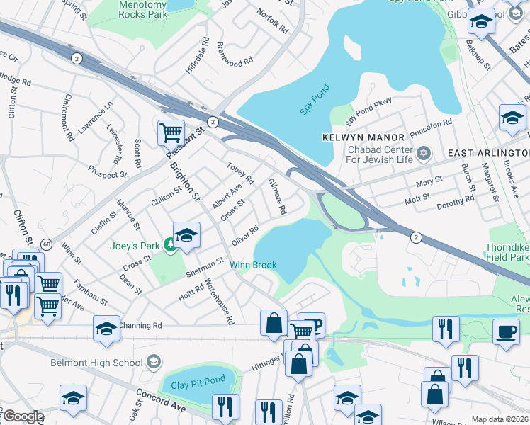 map of restaurants, bars, coffee shops, grocery stores, and more near 20 Little Pond Road in Belmont
