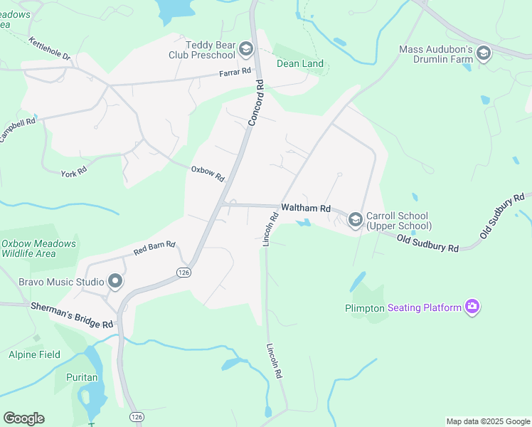 map of restaurants, bars, coffee shops, grocery stores, and more near 17 Waltham Road in Wayland