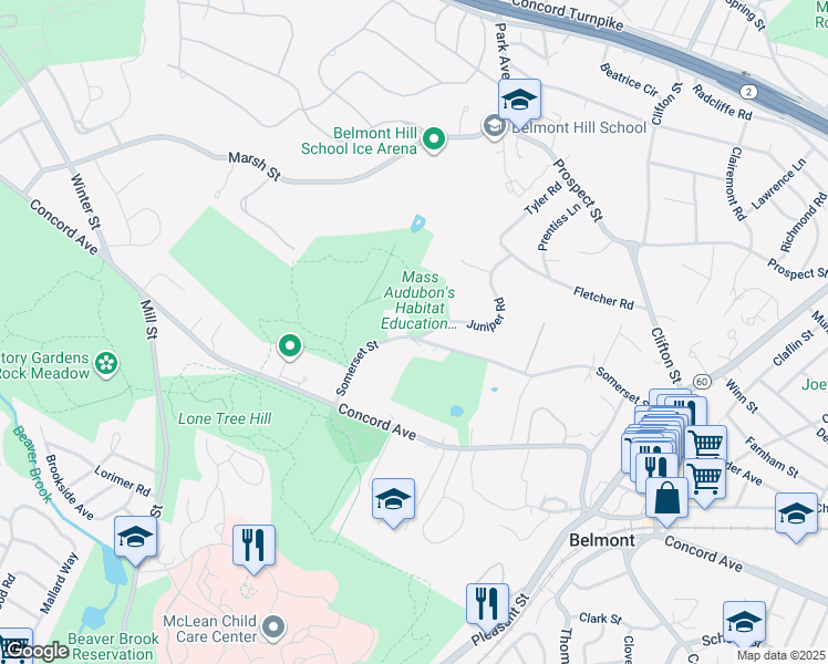 map of restaurants, bars, coffee shops, grocery stores, and more near 275 Somerset Street in Belmont