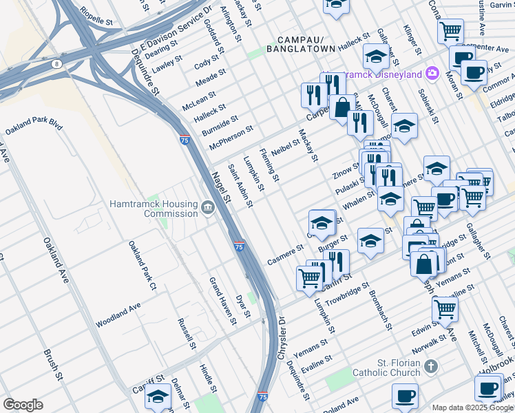 map of restaurants, bars, coffee shops, grocery stores, and more near 12021 Saint Aubin Street in Hamtramck