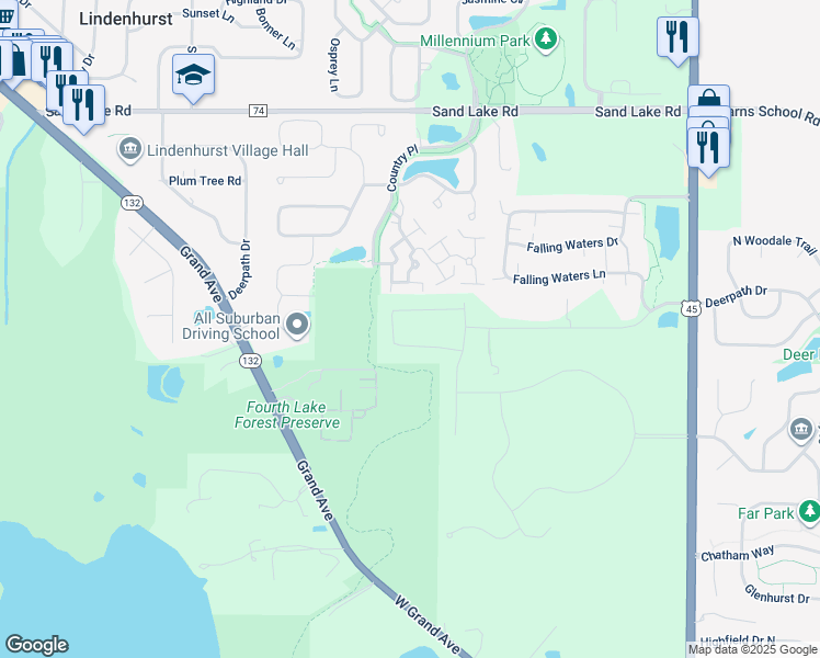 map of restaurants, bars, coffee shops, grocery stores, and more near 19595 Sand Piper Drive in Lake Villa