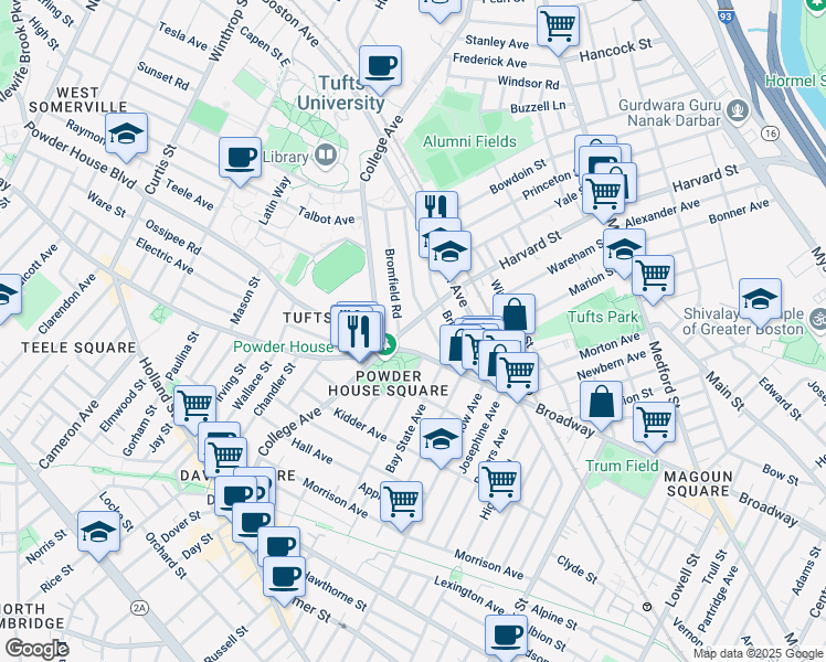 map of restaurants, bars, coffee shops, grocery stores, and more near 19 Warner Street in Somerville