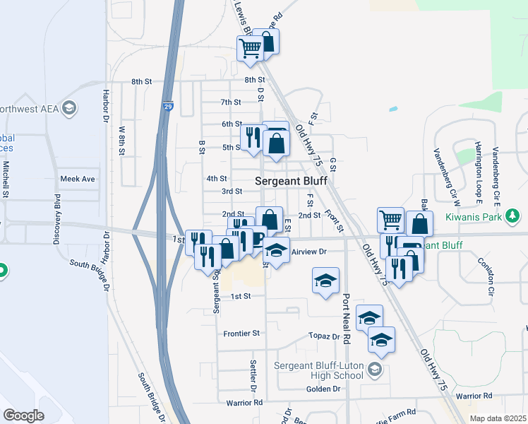 map of restaurants, bars, coffee shops, grocery stores, and more near 206 D Street in Sergeant Bluff