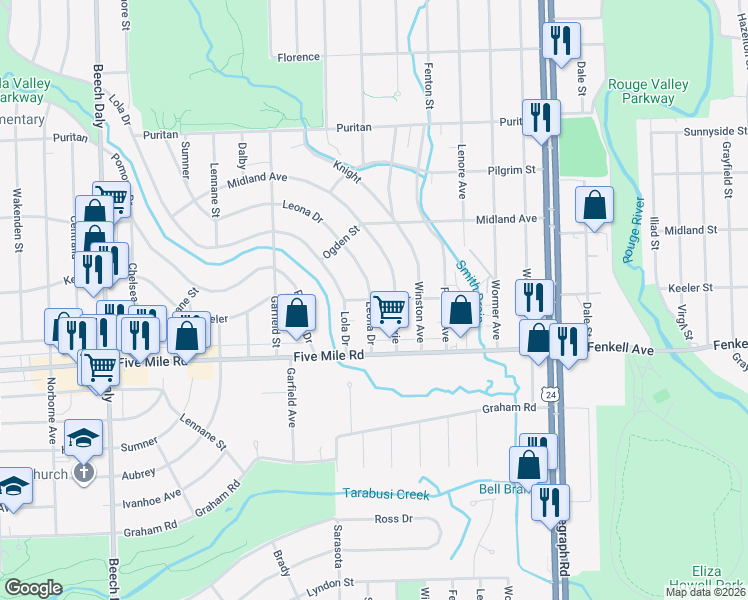 map of restaurants, bars, coffee shops, grocery stores, and more near 15416 Leona Drive in Redford Charter Township