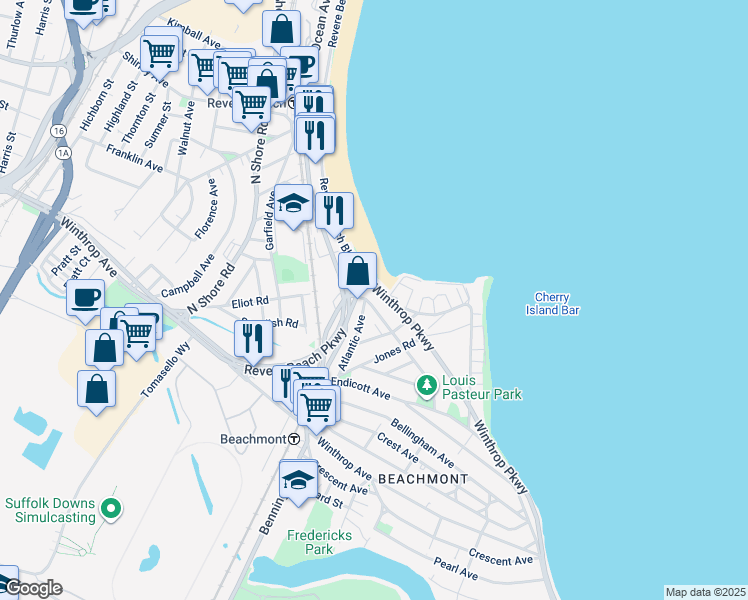 map of restaurants, bars, coffee shops, grocery stores, and more near 1 Winthrop Parkway in Revere
