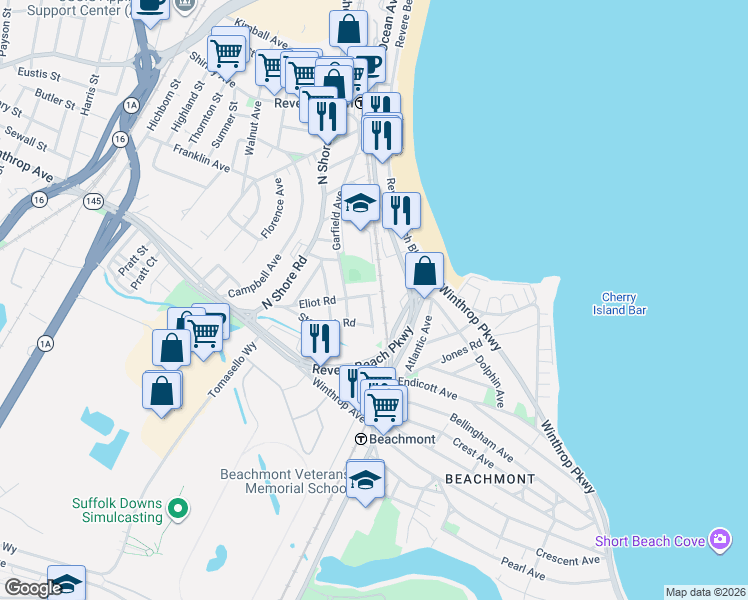 map of restaurants, bars, coffee shops, grocery stores, and more near 134 Eliot Road in Revere