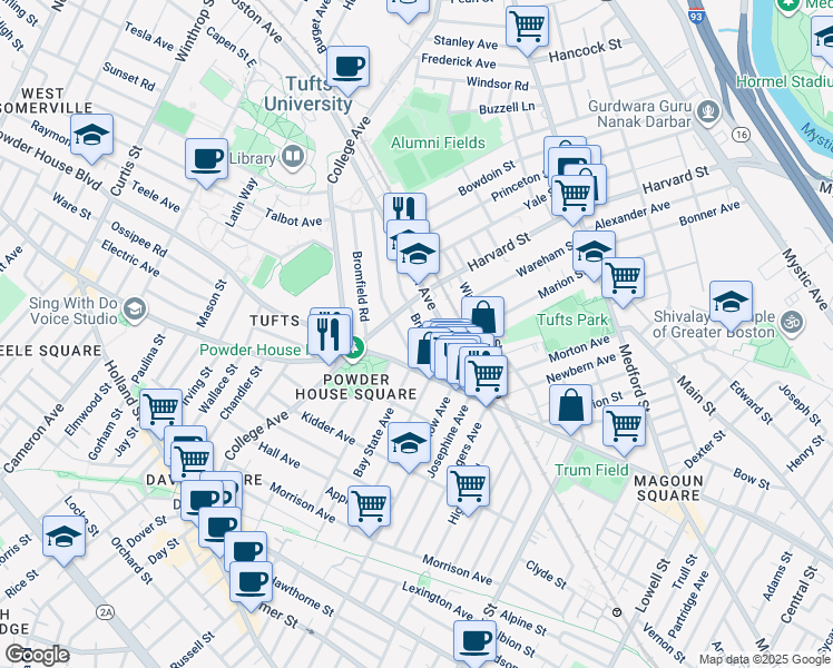 map of restaurants, bars, coffee shops, grocery stores, and more near 601 Boston Avenue in Medford