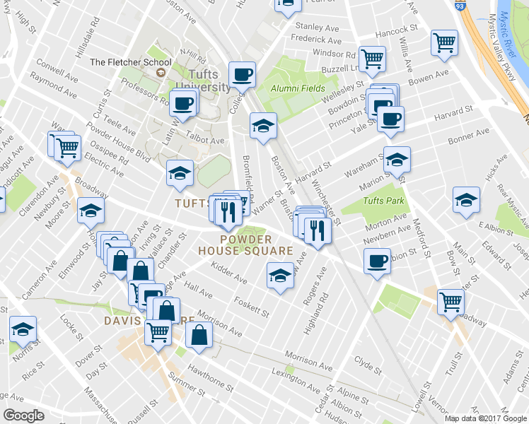 map of restaurants, bars, coffee shops, grocery stores, and more near 37 Warner Street in Somerville