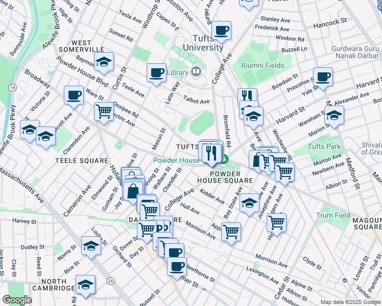 map of restaurants, bars, coffee shops, grocery stores, and more near 42 Powder House Boulevard in Somerville