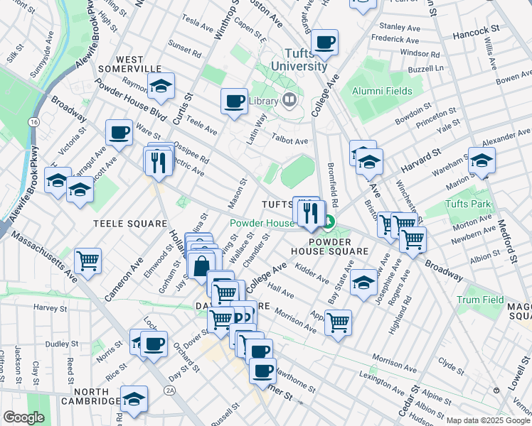 map of restaurants, bars, coffee shops, grocery stores, and more near 27 Burnham Street in Somerville