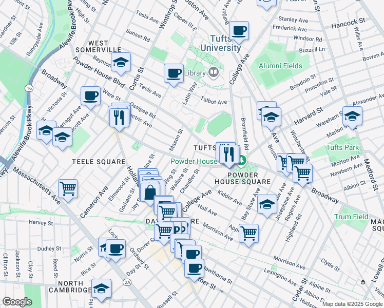 map of restaurants, bars, coffee shops, grocery stores, and more near 27 Burnham Street in Somerville