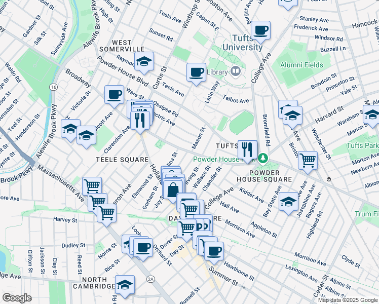 map of restaurants, bars, coffee shops, grocery stores, and more near 2 Whitman Street in Somerville