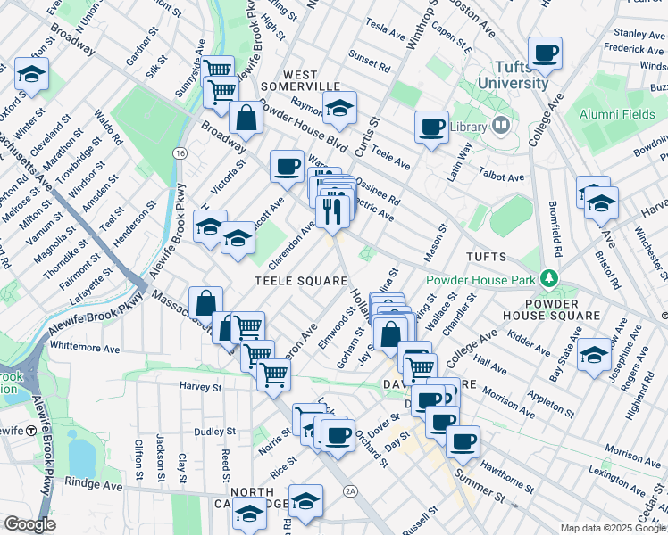 map of restaurants, bars, coffee shops, grocery stores, and more near 12 Moore Street in Somerville